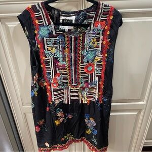 Johnny Was & Biya Silk Large Black Colorful Flower Embroidery Midi Dress